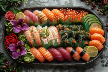 Colorful sushi creation featuring various sushi types, framed by artful garnishes.. AI generated.