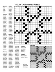 Fototapeta premium Fill in the blanks crossword puzzle with american style grid of 21x21 size, 70 blocks, 110 words, one letter revealed. Letter I as a hint. Answer included. 