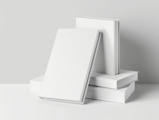 A stack of books with blank white covers against a neutral grey backdrop, ideal for design mockups.