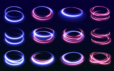 Set of neon blurry light circles at motion . Vector swirl trail effect. Abstract vector fire circles, sparkling swirls and energy light spiral frames.	