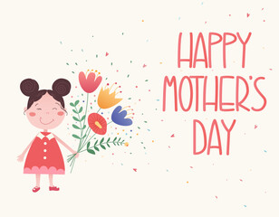 Happy Mother's Day vector postcard design. Girl with bouquet template with hand lettering