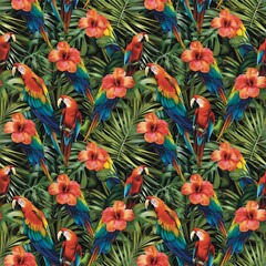 bird of paradise, 3D very beautiful scarlet flowers macaw, scarlet macaw, fabric pattern, seamless, illustration, textile, background - obrazy, fototapety, plakaty