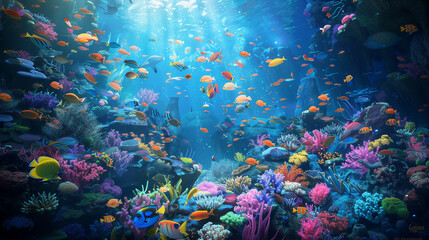 A colorful underwater scene with many fish and coral. Scene is vibrant and lively, with the bright colors of the fish and coral creating a sense of energy and movement