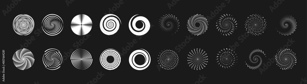 Fototapete Abstract round halftone frames, rotating dotted circles on black background. Dot circle pattern. Orange round halftone dot patterns. Spiral halftones frame. Set of swirl abstract ripple elements. PNG