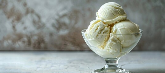vanilla ice cream in an elegant glass bowl, light grey background, minimalistic, copy space
