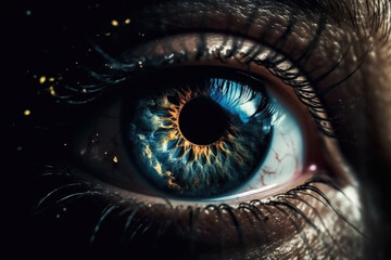 A detailed shot capturing the striking blue iris of a persons eye, showcasing intricate patterns and textures