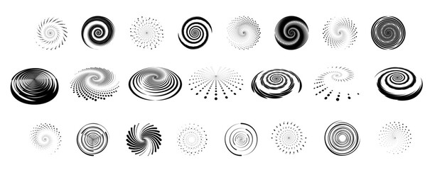 Abstract circle with lines as a spiral or propeller. Circle dotted speed lines. Abstract round halftone circle frames, rotating dotted circle shapes. Halftone circular dotted frames set.