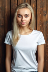 Fototapeta premium A woman standing upright in front of a rustic wooden wall, looking straight ahead