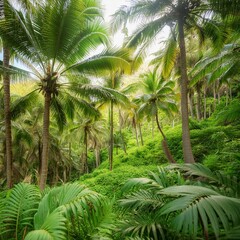 coconut tree,the vibrant colors and textures of a tropical jungle, where palm trees sway amidst the lush green foliage,