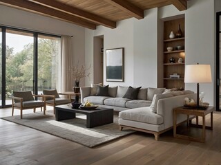 a modern living room with large windows, a sectional sofa, wooden furniture, and decorative items, emphasizing comfortable seating and natural light