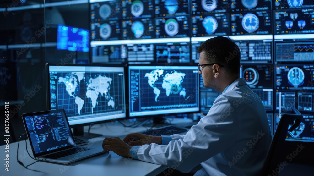 Poster a man is seated at a desk, surrounded by several monitors displaying various data and information