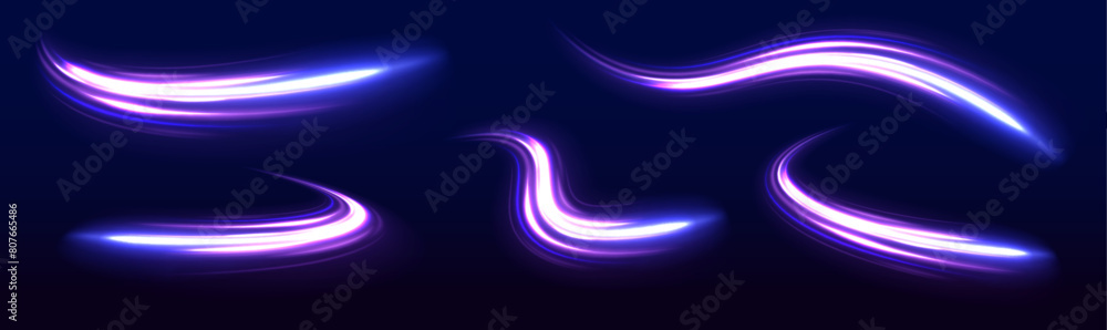 Wall mural set of neon blurry light circles at motion. light trail wave, fire path trace line, car lights, opti