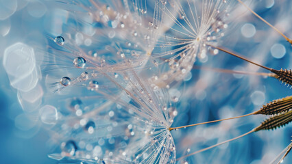 primer plano de diente de le&oacute;n. bokeh. fondo azul