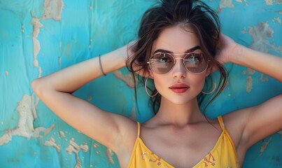 Woman holding sunglasses leaning on blue wall