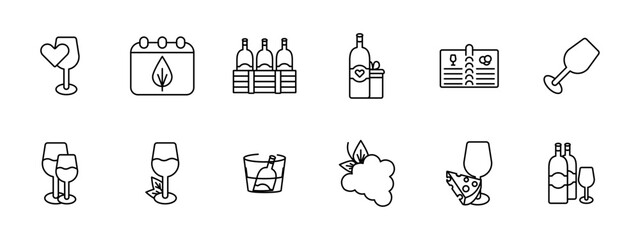 Alcohol set icon. Glass, heart, grapes, fermentation, calendar, aging, bottles, natural products, menu, sommelier, drink with degree, tasting, leaves, cooling, snack, cheese. Wine work concept.