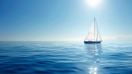 A sailboat gliding across a calm blue ocean, bright sun, copy space