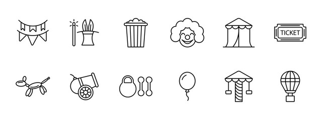 Circus set icon. Magic wand, top hat, bunny ears, popcorn, clown, makeup, wig, red nose, tent, ticket, cannon, weight, dumbbell, ball, amusement ride, balloon. Presentation concept.