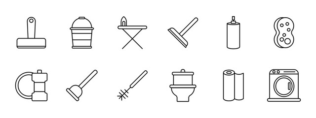 Cleaning set icon. Bucket, ironing board, iron, mop, spray paint, sponge, plunger, brush, toilet, roll of paper, dustpan, sweeping, washing machine, tidy, sweeping. Mopping concept.