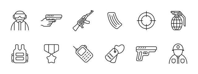 War set icon. Hand, pistol, machine gun, automatic rifle, clip, rifle magazine, sight, grenade, medal, walkie talkie, tag, military, mercenary, operative, modern warfare. Weapon concept.