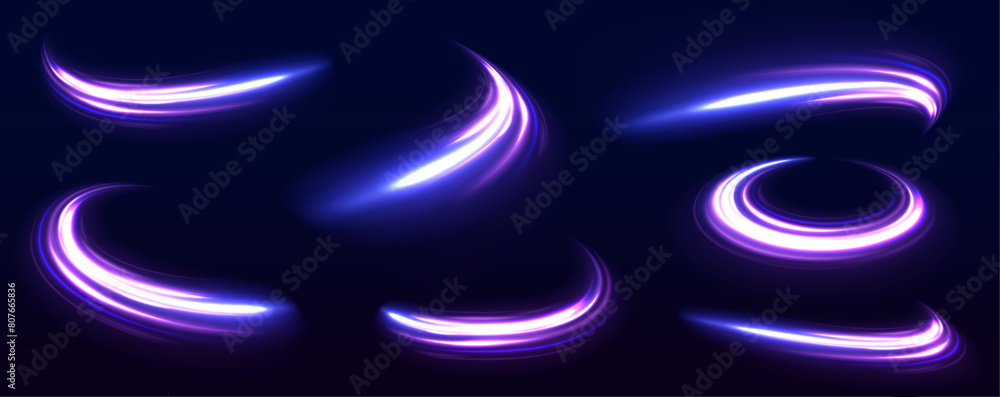 Poster Big set of light neon lines in the form of swirl and spirals. Neon color glowing lines background, high-speed light trails effect. 