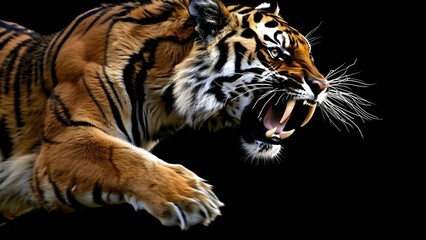 Fierce tiger midjump mouth open sharp teeth on black background. Concept Wildlife Photography, Tiger in Action, Sharp Teeth and Claws, Striking Black Background, Predatory Instinct