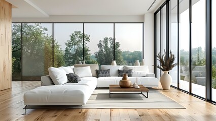 Fototapeta premium Scandinavian Living Room Inspiration: White Sofa, Vases, Wooden Floor, and Large Window View. Concept Scandinavian Design, White Sofa, Vases, Wooden Floor, Large Windows