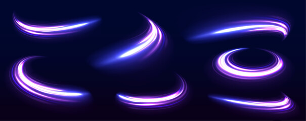Big set of light neon lines in the form of swirl and spirals. Neon color glowing lines background, high-speed light trails effect. 