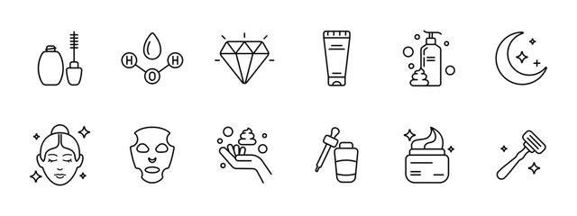 Fototapeta premium Body care set icon. Face mask, Korean cosmetics, H2O, water, diamond, sparkles, cream, oil, liquid soap, moon, stars, hand, pipette, razor, beauty. Appearance care concept.