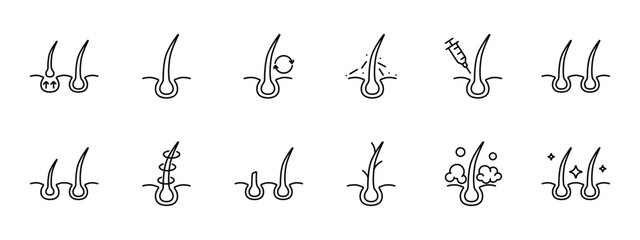 Hair set icon. Cut, cream, shampoo, trichology, moisturizing, shine, skin itching, volume, hair cream, nutrition, strengthening, split ends, salon procedures, fragility. Hair care concept.