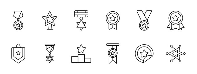 Icon set awards. Medal, podium, competition, first place, badge, star, badge, order, reward for work, competition, laurel, honor, pin, honor. Awards concept.