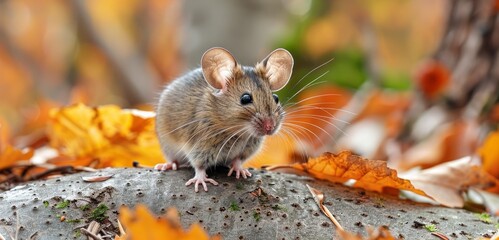A cute wood mouse perches on a log in the forest, surrounded by fallen leaves.
