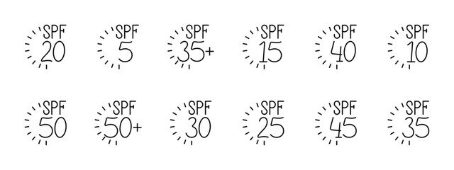 SPF set icon. Sunscreen, indicator, 20, 5, 35, 15, 40, 10, 50, 30, 25, 45, 35, sunburn, caring for appearance, vacation, beach, tanning. Health care concept.