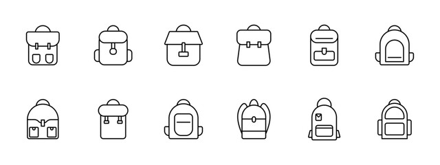 Backpack set icon. Rucksack, hike, travel, personal belongings, carry, school, sports, item of clothing and style, haversack, knapsack. Packsack concept.