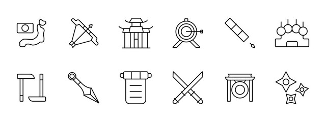 Japan set icon. Flag, country, island, map, bow, temple, Japanese architecture, blowpipe, kunai, gong, Newton pendulum, manuscript, katanas, cross swords, shuriken. Japanese aesthetics concept.
