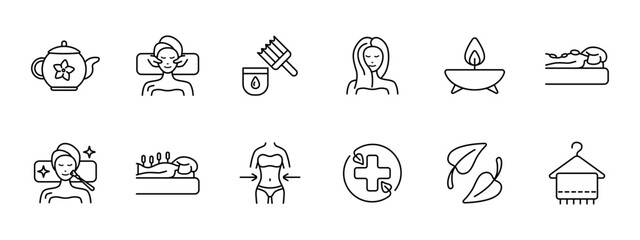 Fototapeta premium Relax set icon. Tea, tea ceremony, facial massage, acupuncture, cream, oils, healthy and strong hair, aroma candle, stone therapy, towel, weight loss, cross, traditional medicine. Sauna concept.