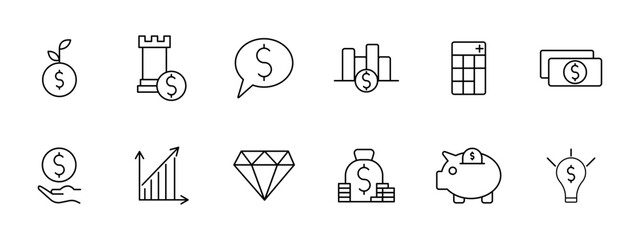 Profit set icon. Coin, sprout, tower, earnings strategy, statistic, money, diagram, growth, capital, savings, piggy bank, idea, startup, light bulb, dolor, making money. Asset multiplication concept.