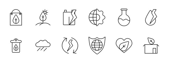 Ecology set icon. Package, sprout, foliage, plastic recycling, symbiosis of nature and man, earth, flask, moly, rain, cycle, conversion, shield, protecting planet, heart. Environment care concept.