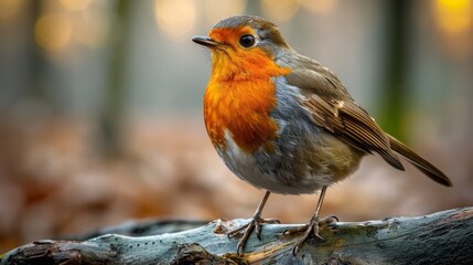 Fototapeta premium A cute European robin perches on a branch in the forest.