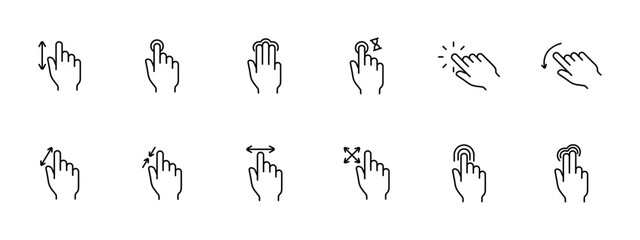 Clicks set icon. Press, double touch, 3D touch, zoom out, zoom in, swipe, shift, rotate, scroll, delay, load, left finger, hand, palm, feed, triple tap. Gestures concept.