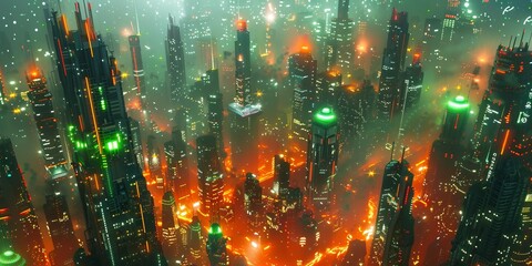 Sci-fi Cityscape with Orange and Green Neon lights. Night scene with Visionary Skyscrapers
