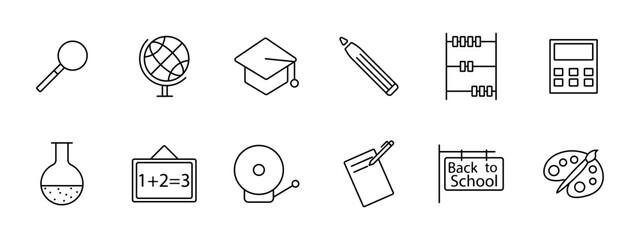 School set icon. Magnifying glass, globe, earth, student cap, pencil, abacus, calculator, example, task, board, bell, record, sign, back to school, brush, palette. Education concept.