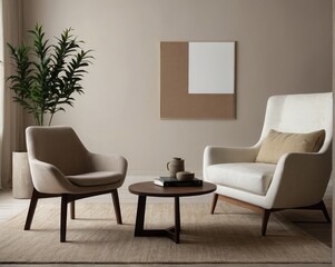 Cozy Living Room with Earthy Neutral Tones Modern Decor and Natural Light, beige and dark atmosphere