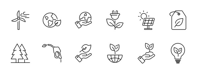 Ecology set icon. Windmill, earth, plant, nature, hand, ecological food, charging cable, solar panel, solar energy, tag, natural product, biofuel, sprout. Environment care concept.