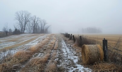 Ohio hay fields in winter with fog and grey skies