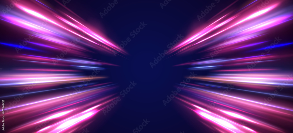 Poster neon color glowing lines background, high-speed light trails effect. panoramic high speed technology