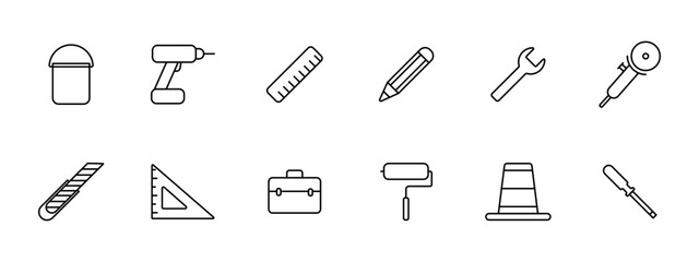 Appliances set icon. Bucket, drill, ruler, pencil, wrench, corner ruler, tool box, roller, cone, screwdriver, instrument, tackle, tools. Implement concept.