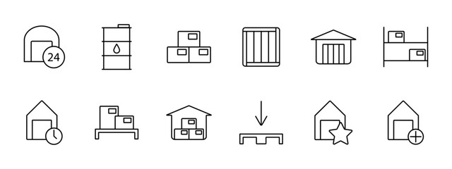Stock set icon. Reserve, margin, supplies, store, boxes, depot, barrel, oil, mail, port, shelves with warehouses, asterisk, plus, storage, port. Stockroom concept.