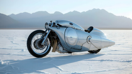 A motorcycle designed specifically for racing on the salt flats, with a streamlined body and...