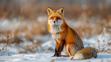 A majestic red fox sits on the snow-covered tundra, its eyes scanning the horizon for prey. - Powered by Adobe