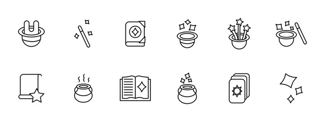 Focus set icon. Rabbit ears in hat, magic wand, grimoire, witchcraft book, sparks, stars, enchantment, theurgy, cards, scintilla, bottle. Magic concept.
